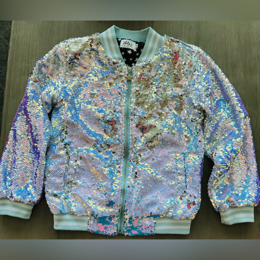 Lola + The Boys Icey Sequins Bomber Jacket with pink sequins wings on back Y10